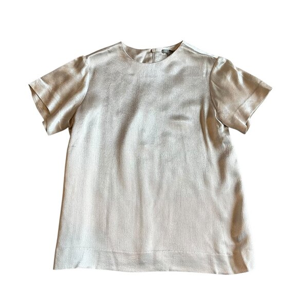 COS Champagne Short Sleeve Blouse Shirt Textured Satin Crew Neck Size Small - Picture 1 of 11